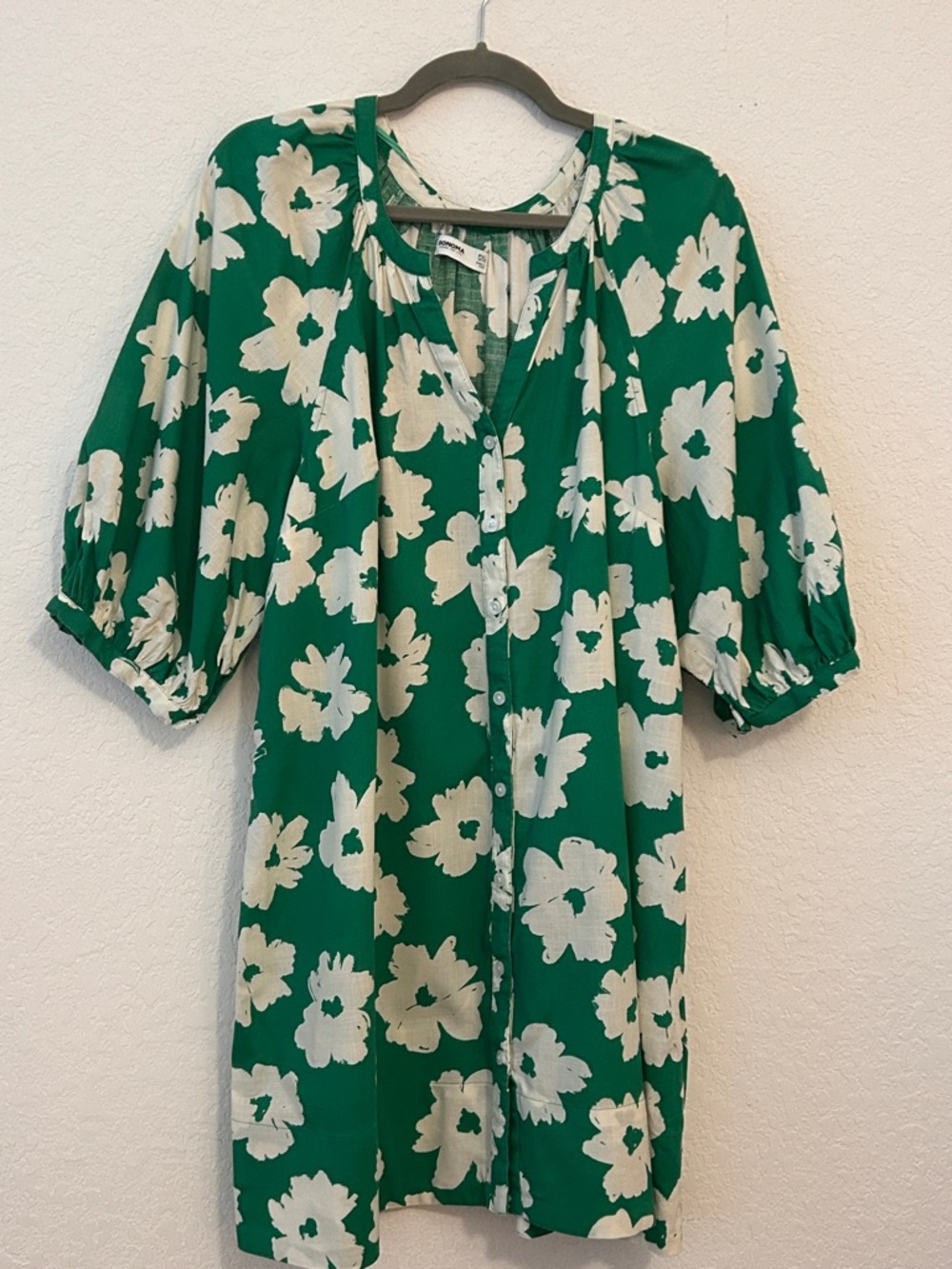 Sonoma Green and White Floral Button-Front Linen Dress with Puff Sleeves